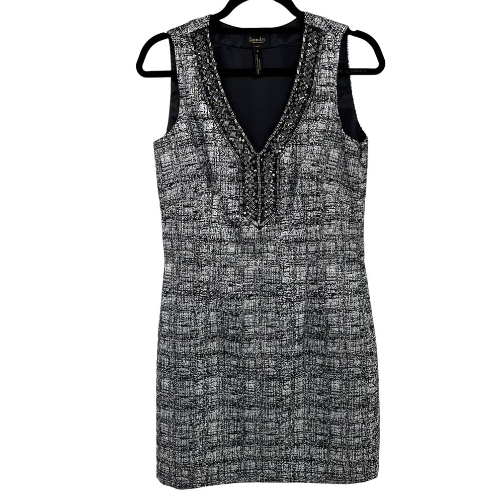 Laundry by Shello Segal Silver Black Embellished V Neck Dress 6